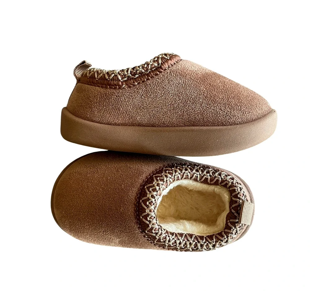Embroidered Plush Brown Faux Suede Baby 24 Months Booties Pull-On Cozy Slippers